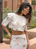 KNITTED GOLD SEQUIN PADDED SHOULDER CROP TOP - CREAM
