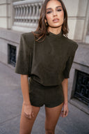 SUEDE PADDED SHOULDER PLAYSUIT - KHAKI