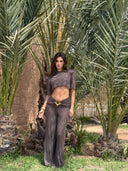 BUCKLE DETAIL WIDE LEG TROUSERS - MOCHA