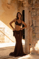 VELVET SEQUIN RUCHED BIKINI TOP - COCOA BROWN