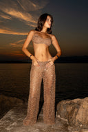 WIDE LEG SEQUIN TROUSERS - BRONZE