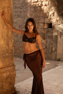 VELVET SEQUIN RUCHED BIKINI TOP - COCOA BROWN