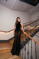 CONTRAST FABRIC RUCHED DETAIL MAXI DRESS - BLACK