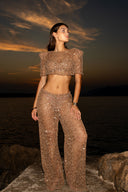 WIDE LEG SEQUIN TROUSERS - BRONZE