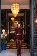 RUCHED OVERLAY TEXTURED LACE TROUSERS - PLUM