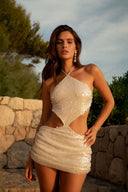 SHELL SEQUIN RUCHED MINI SKIRT  - WHITE