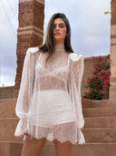 DELICATE LACE PADDED SHOULDER BLOUSE DRESS - WHITE