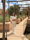 KNITTED GOLD SEQUIN PADDED SHOULDER CROP TOP - CREAM