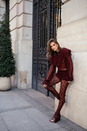 RUCHED OVERLAY TEXTURED LACE TROUSERS - PLUM