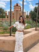 KNITTED GOLD SEQUIN PADDED SHOULDER CROP TOP - CREAM