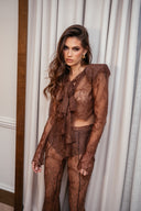 LACE BOW DETAIL PADDED SHOULDER SHIRT - MOCHA