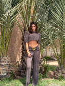 PADDED SHOULDER CROPPED TOP - MOCHA