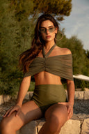 RUCHED DETAIL BIKINI TOP  - KHAKI