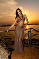 CHAIN DETAIL BELTED OVERLAY MAXI SKIRT - MOCHA