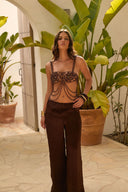 HAMMERED SATIN WIDE LEG TROUSERS - BROWN