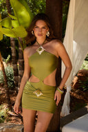 BUCKLE OVERLAY MINI SKIRT - OLIVE