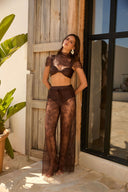 DELICATE LACE WIDE LEG DRAWSTRING PANTS - BROWN