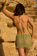 Pearl Beaded Knitted Mini Dress - Lime Green