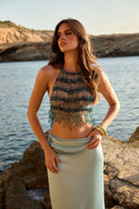 HANDBEADED TASSLE NECKLACE TOP - MIXED BLUES