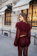 RUCHED OVERLAY TEXTURED LACE TROUSERS - PLUM