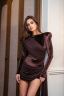 PADDED SHOULDER VELVET DRAPE DETAIL MINI DRESS