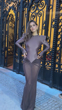 PADDED SHOULDER CONTRAST FABRIC MAXI DRESS - MOCHA